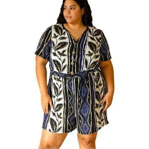 Vintage Geometric Floral Patterned Romper Plus Size Jumpsuit